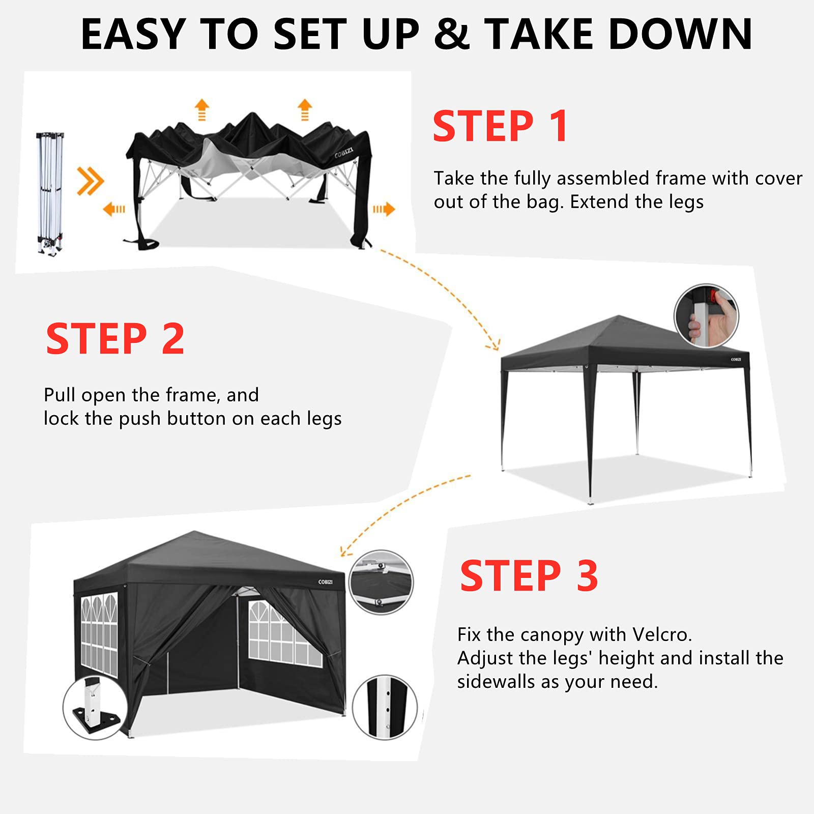 COBIZI 10'x10' Pop up & Protable Canopy Tent with 6 Sidewall & Carry Bag, Black SPC202