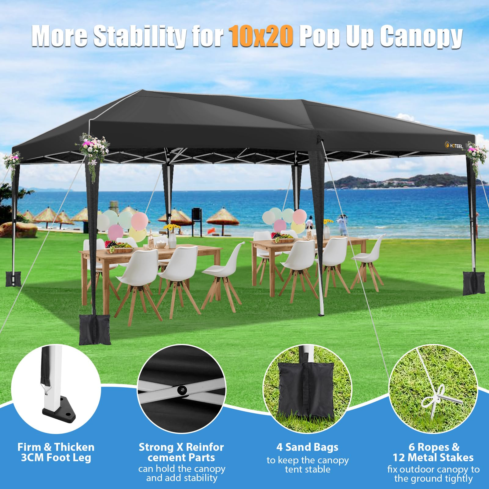 HOTEEL 10x20 Pop Up Canopy with Sidewalls, Easy Up Canopy Tent with Carry Bag, Outdoor Canopies with 4 Sandbags, Large Tents for Outdoor Events, Wedding, Backyard, Commercial, Black