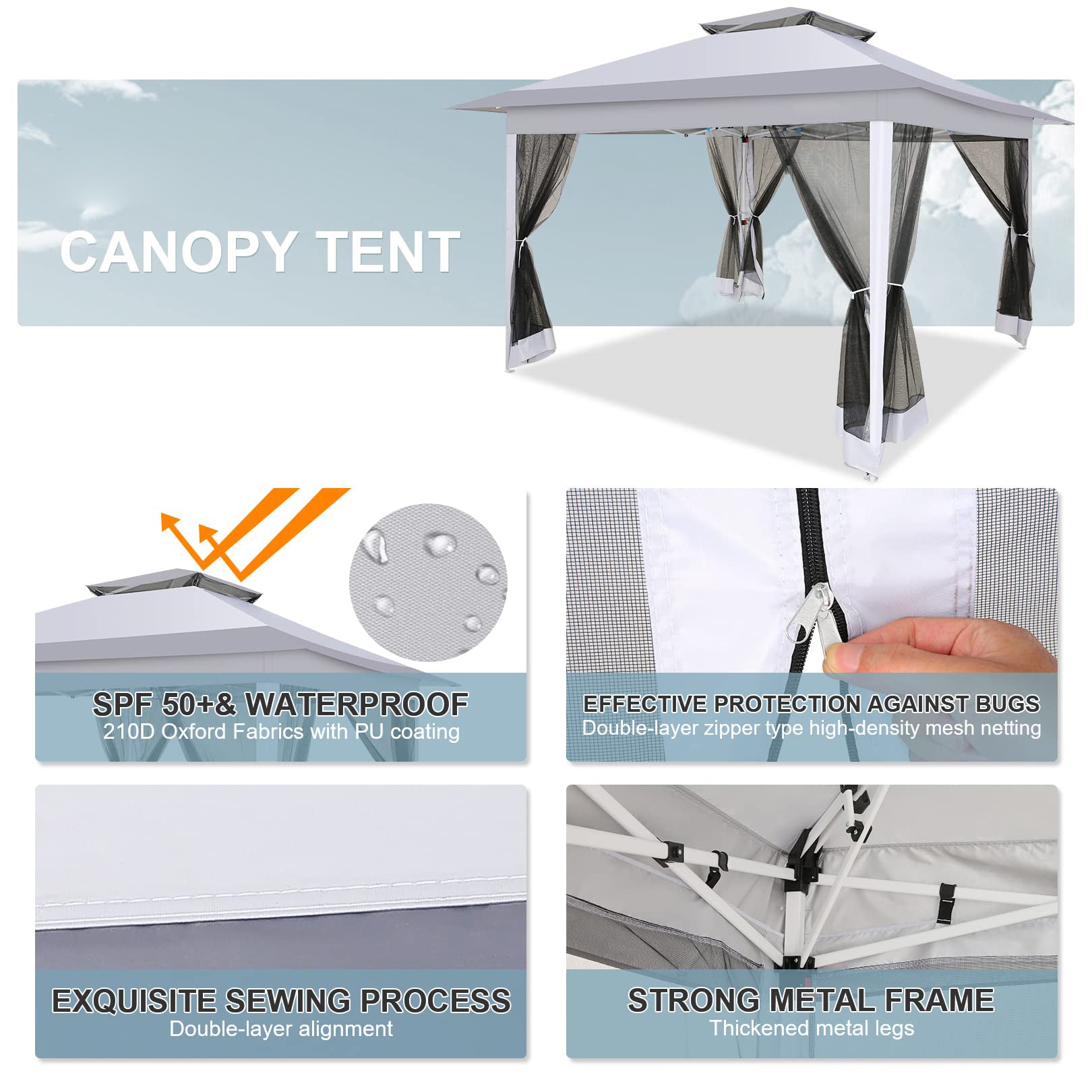 Hoteel 12'x12' Pop Up Gazebo Patio Outdoor Canopy Tent with 8 Mosquito Nettings, Adjustable Height and 144 Square ft of Shade for Garden, Party, Backyard with Vented Top, Storage Bag, Sandbags, Gary