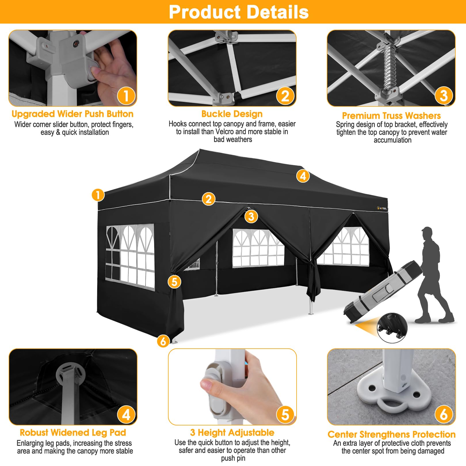 HOTEEL Tents for Parties, 10x20 Pop Up Canopy Tent Heavy Duty with 6 Sidewalls, Commercial Outdoor Canopy Tents for Event Wedding, All Season UV 50+& Waterproof with Roller Bag, Thickened Legs, Black
