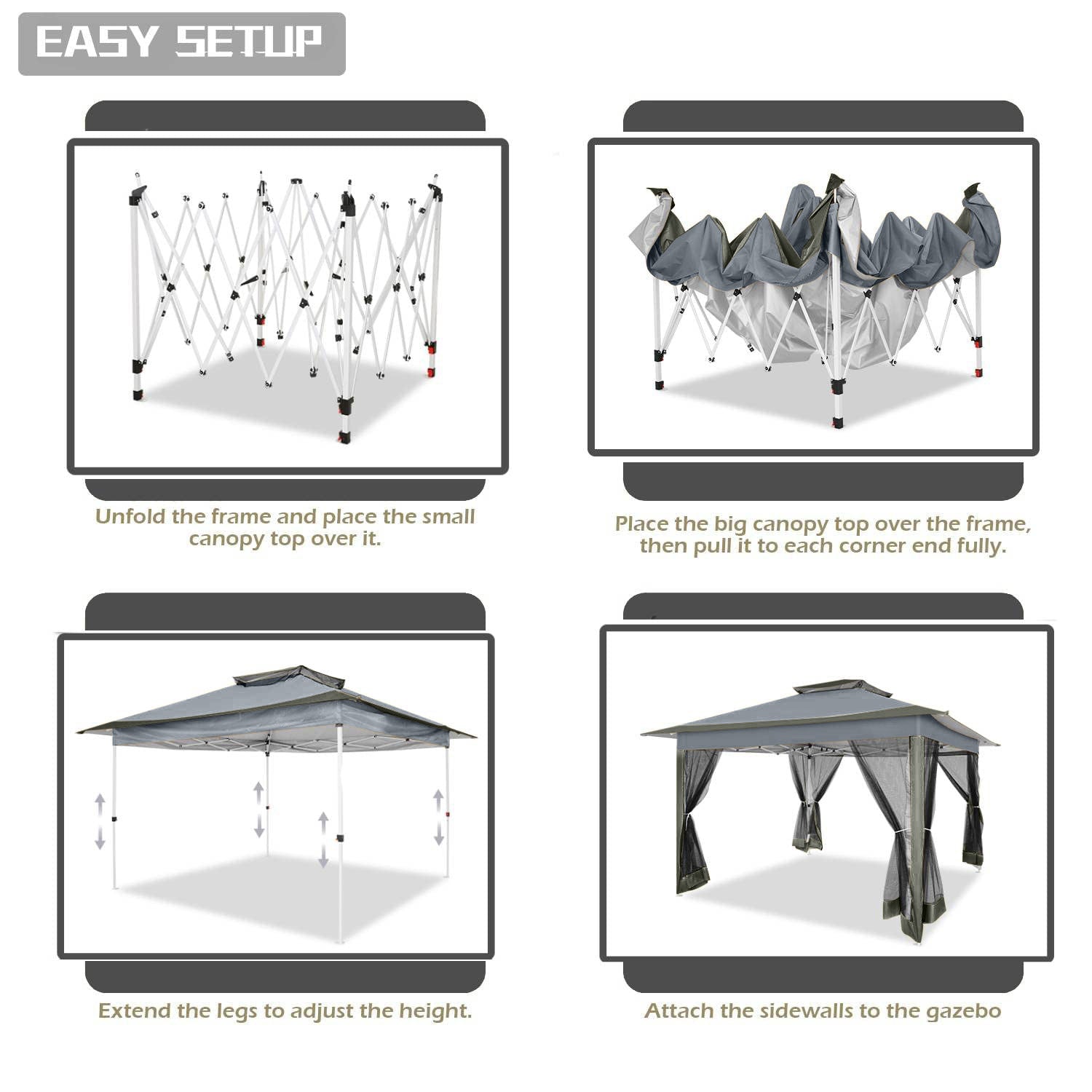 HOTEEL 12x12 Outdoor Pop-up Gazebo Canopy with Mosquito Netting 2-Tiered Vented Top 3 Adjustable Height for Backyard, Garden, Lawn,Light Grey