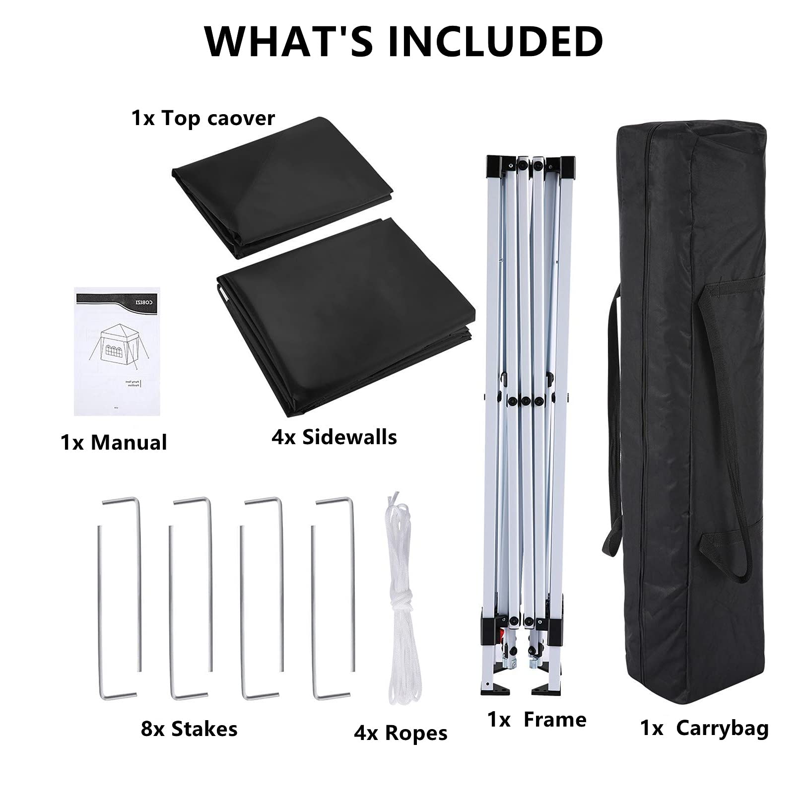 COBIZI 10'x10' Pop up & Protable Canopy Tent with 6 Sidewall & Carry Bag, Black SPC202