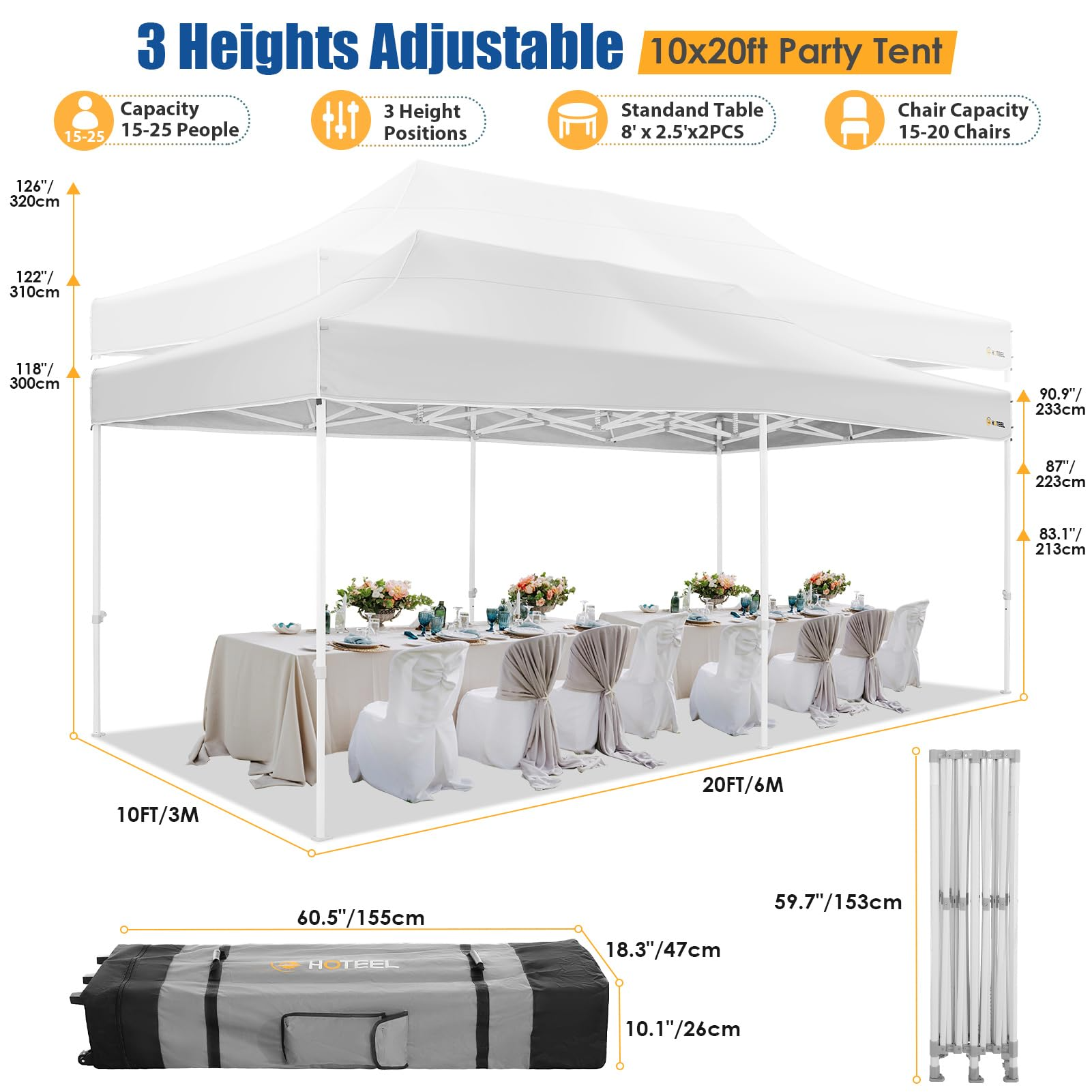 HOTEEL 10x20 Pop up Canopy Tent with 6 Sidewalls Heavy Duty Party Tent Easy Up Commercial Canopy Tents for Parties with Waterproof & UV 50+ Roller Bag Sand Bags, White (Upgraded Frame & Windprood)