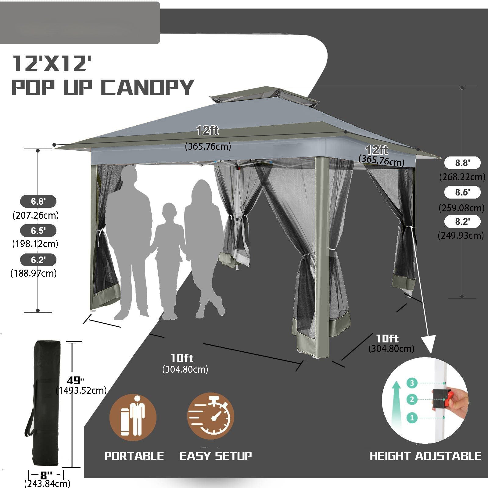 HOTEEL 12x12 Outdoor Pop-up Gazebo Canopy with Mosquito Netting 2-Tiered Vented Top 3 Adjustable Height for Backyard, Garden, Lawn,Light Grey