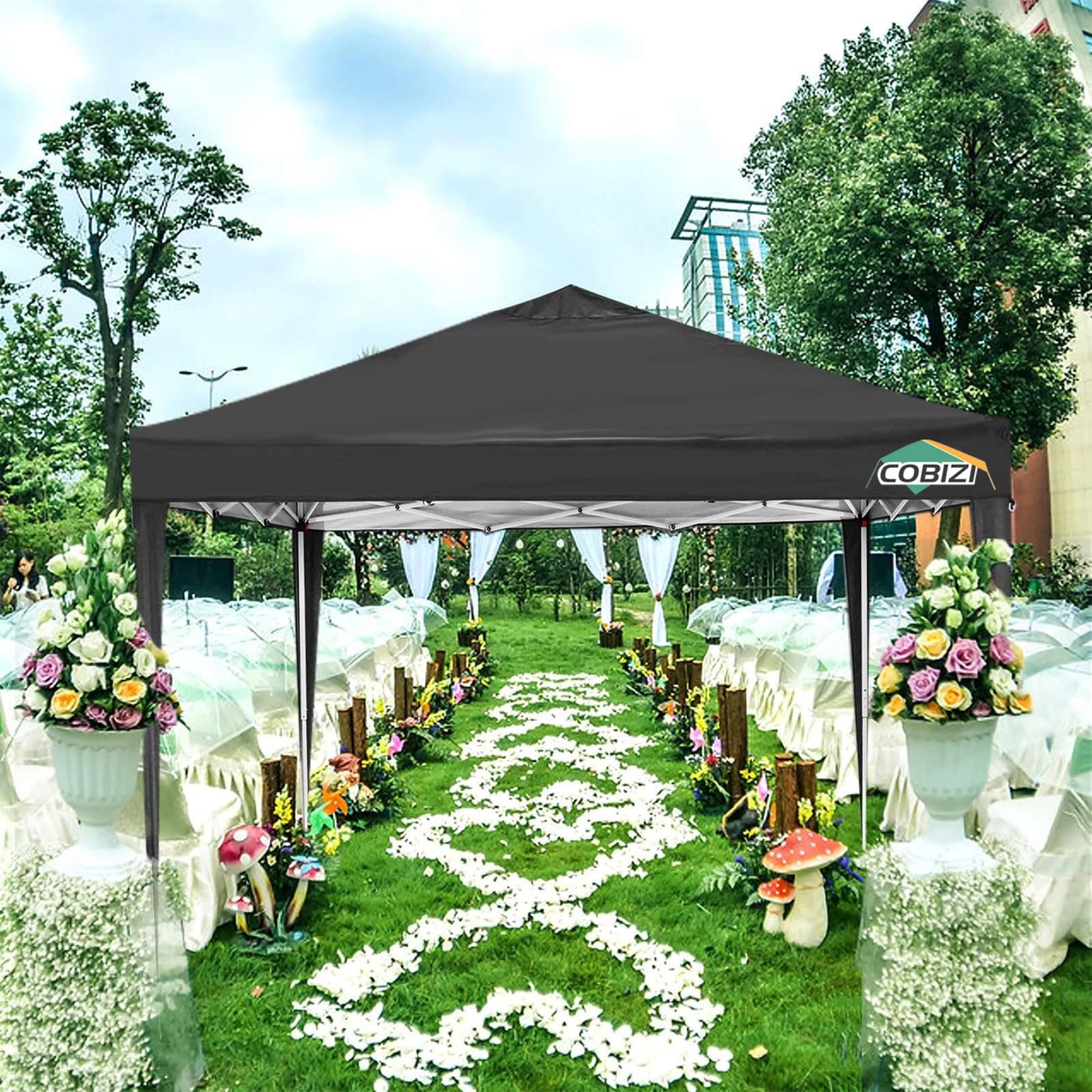 COBIZI 10'x10' Pop up & Protable Canopy Tent with 6 Sidewall & Carry Bag, Black SPC202