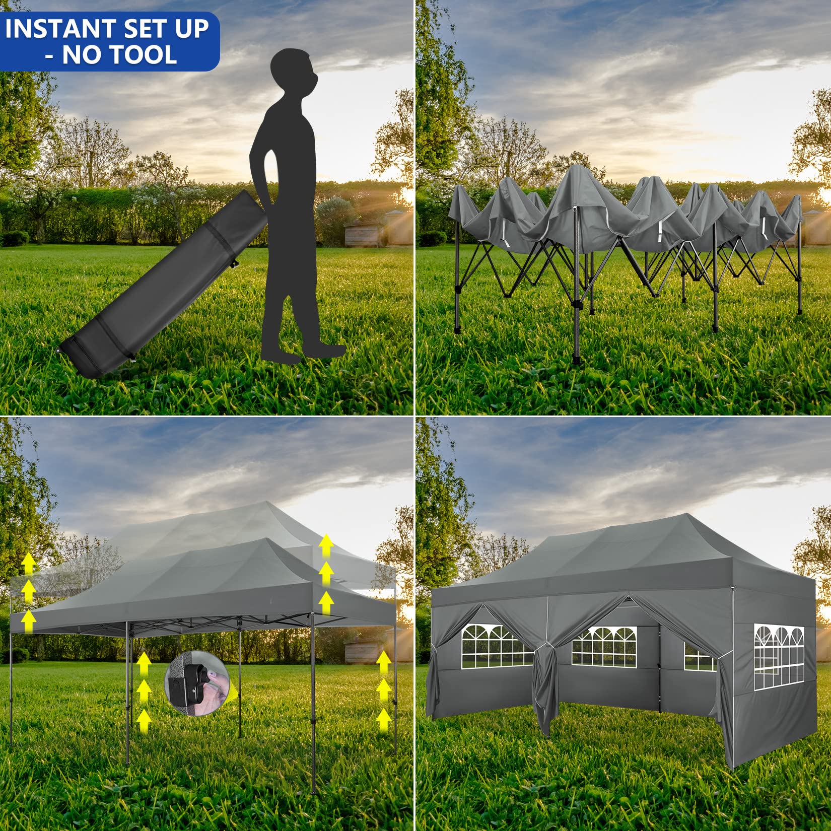 COBIZI 10x20 Pop up Canopy with 6 sidewalls Commercial Heavy Duty Canopy UPF 50+ All Weather Waterproof Outdoor Wedding Party Tents Gazebo with Roller Bag