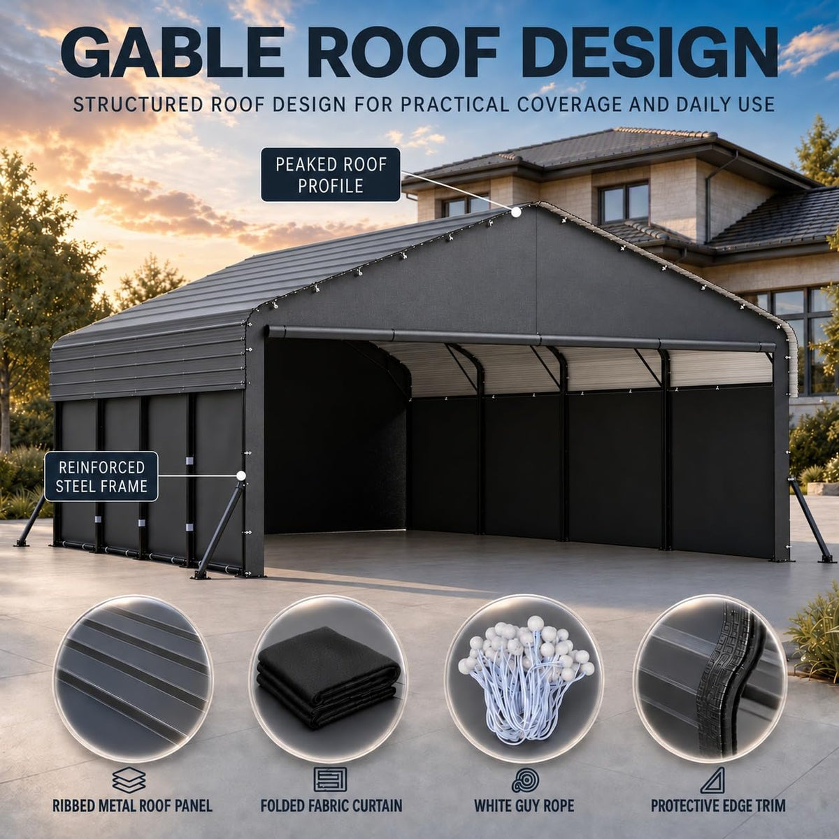 COBIZI 20'x20' Large Metal Carport with Removable Fabric Sidewalls, SPC327