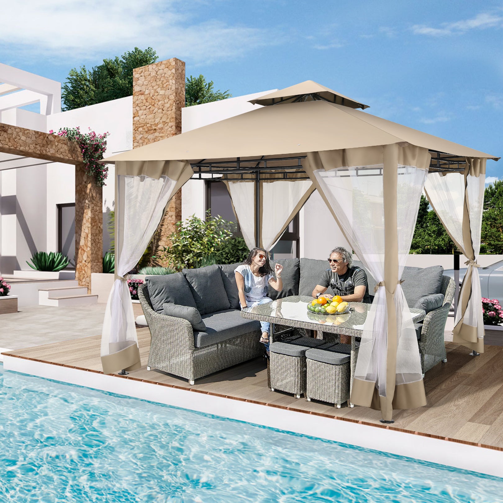 Video laden: COBIZI 10'x10' Patios Gazebos with 4 Netting Sidewalls & Double Soft Roof SPC41