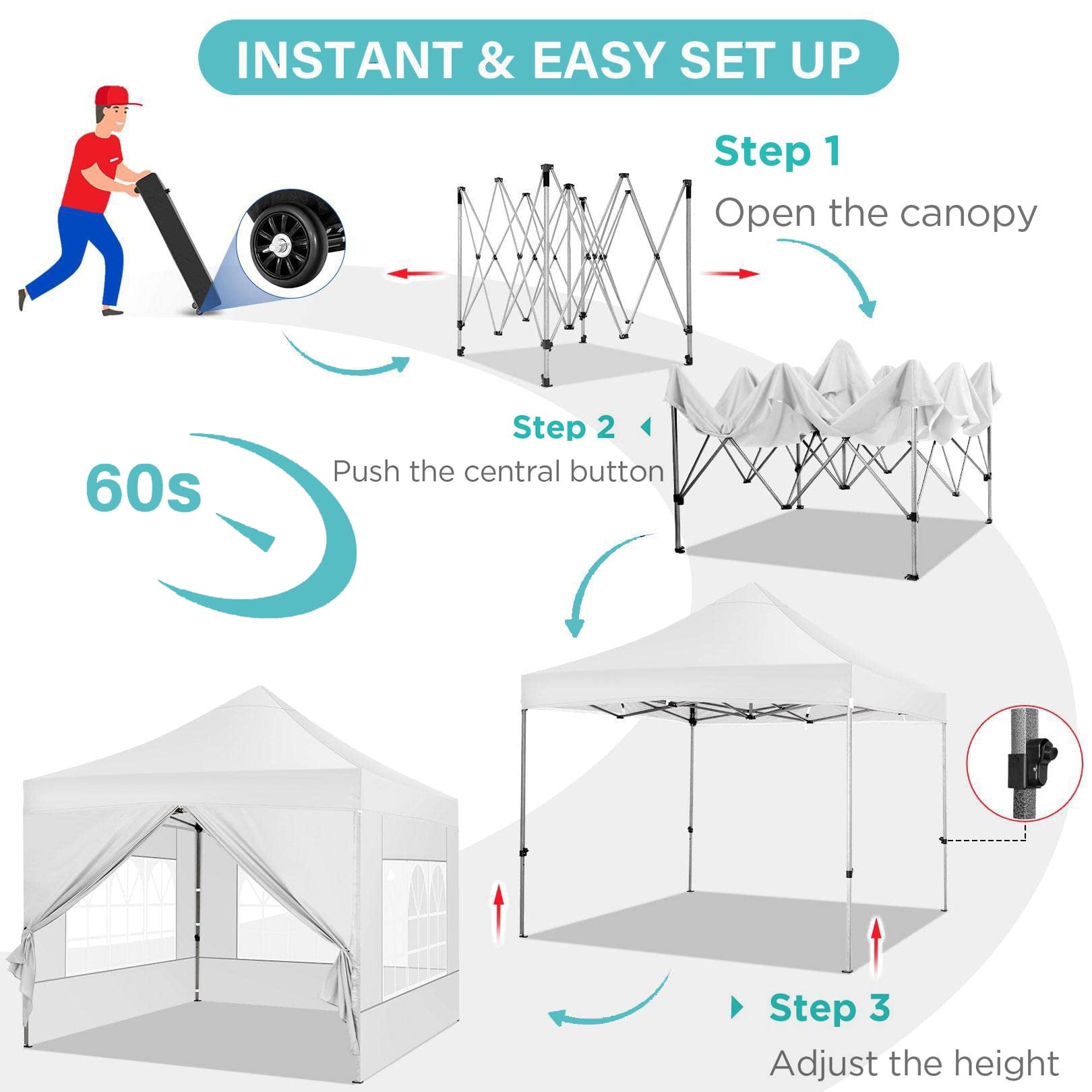 COBIZI 10x10ft Pop Up Canopy, One Push Tent Canopy w/Button Push, Straight Legs, Wheeled Carry Case, 8 Stakes - White