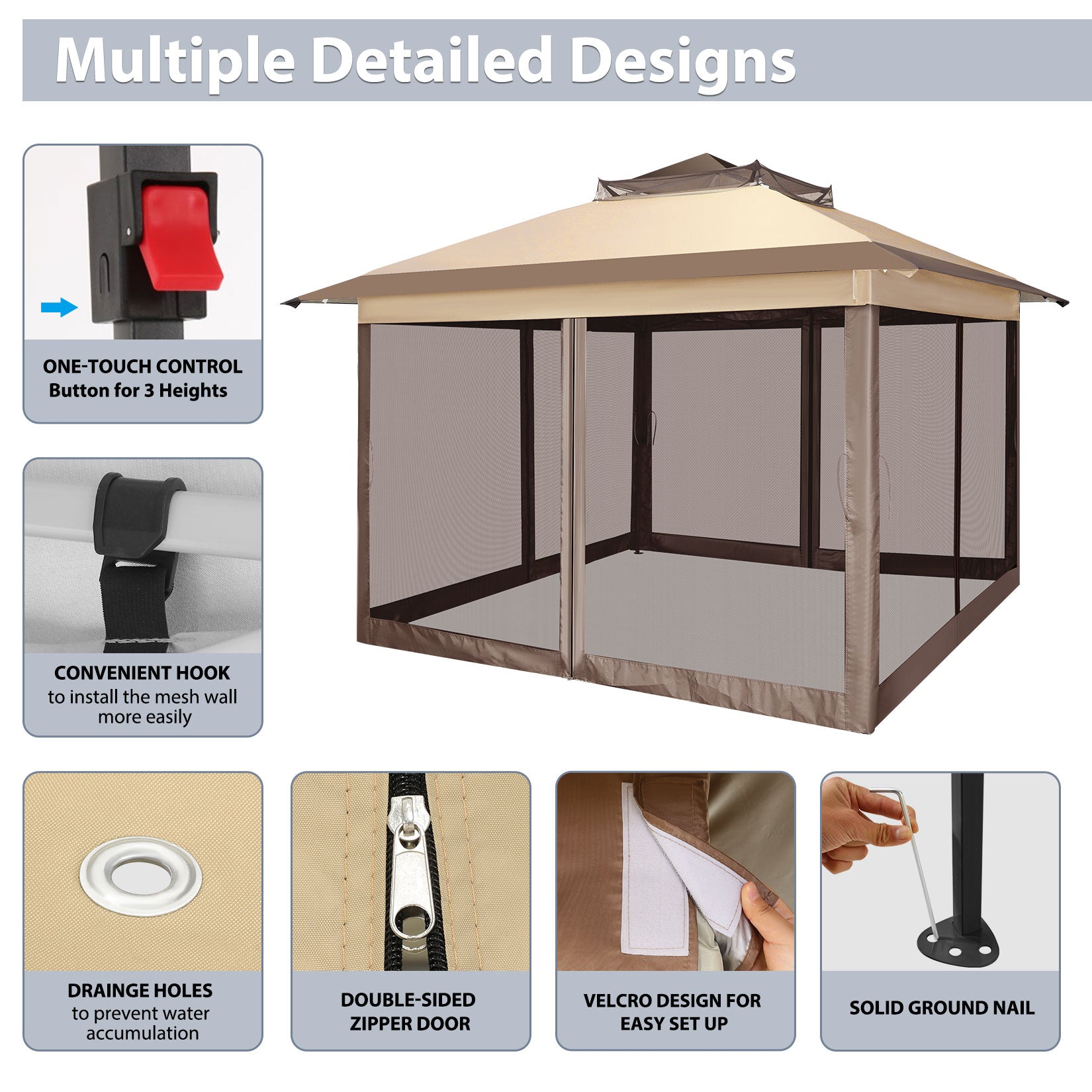 COBIZI 10'x10' Double Soft Top Gazebo Waterproof Canopy With Removable Mesh Wall SPC24