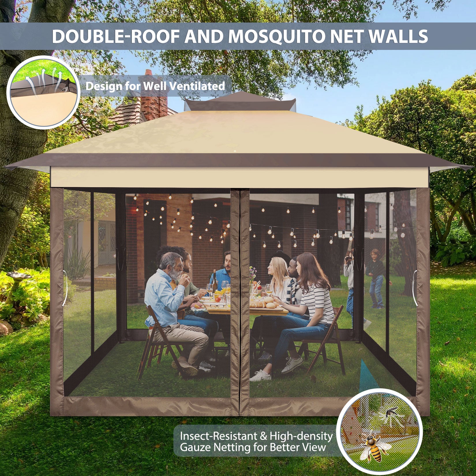 COBIZI 10'x10' Double Soft Top Gazebo Waterproof Canopy With Removable Mesh Wall SPC24