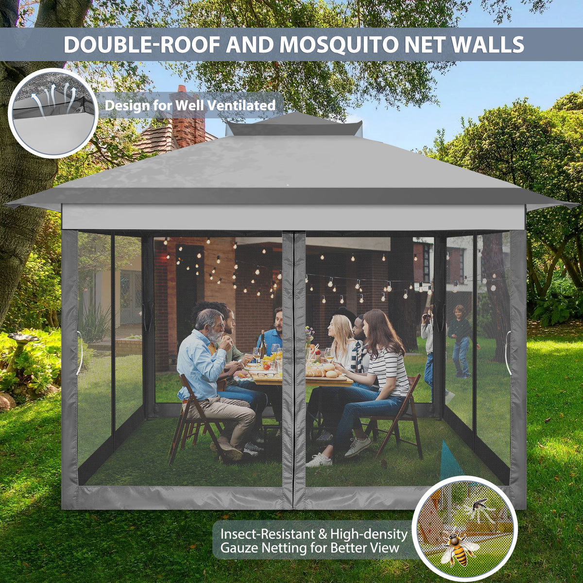 COBIZI 10'x10' Double Soft Top Gazebo Waterproof Canopy With Removable Mesh Wall SPC24