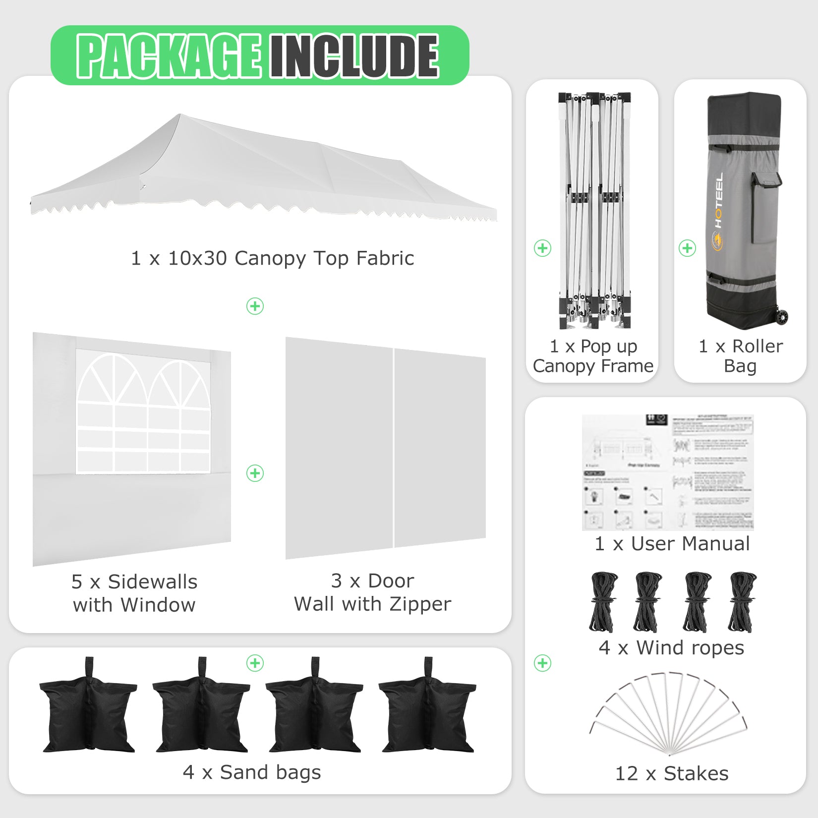 HOTEEL 10'x30' Pop Up Canopy Tent with 8 Sidewalls, Heavy Duty Wedding Event Tents, Party Gazebo with Roller Bag,UPF 50+ Windproof Waterproof,White