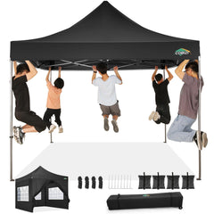 COBIZI 10'x10' Pop Up Canopy Tent with 4 sidewalls Commercial Heavy Duty Canopy UPF 50+ All Weather Waterproof Outdoor Canopy Wedding Tents for Parties Gazebo with Roller Bag, Black (Windproof Upgraded)