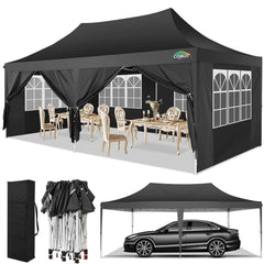 COBIZI 10x20 Pop Up Canopy Tent with 6 Removable Sidewalls, Easy Up Commercial Canopy, Adjustable Heights, Waterproof and UV50+ Gazebo with Portable Bag, Party Tents for Parties, Black