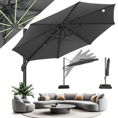 HOTEEL 10 Ft Patio Umbrella Outdoor Cantilever Umbrella Aluminum Offset Umbrella with Base, 360° Rotation，Gray