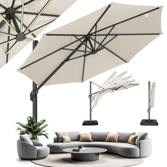 HOTEEL 10 Ft Patio Umbrella Outdoor Cantilever Umbrella Aluminum Offset Umbrella with Base, 360° Rotation，Gray