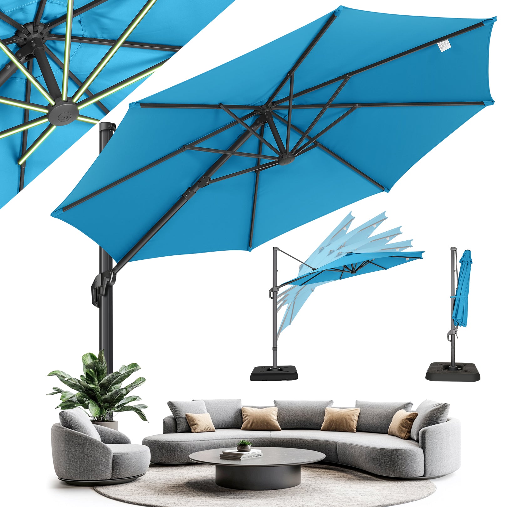 HOTEEL 10 Ft Patio Umbrella Outdoor Cantilever Square Umbrella Aluminum Offset Umbrella with Base, 360¡ã Rotation£¬Blue