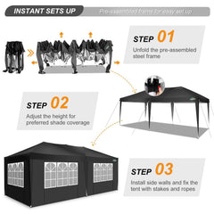 COBIZI 10x20 Pop Up Canopy Tent with 6 Removable Sidewalls, Easy Up Commercial Canopy, Adjustable Heights, Waterproof and UV50+ Gazebo with Portable Bag, Party Tents for Parties, Black