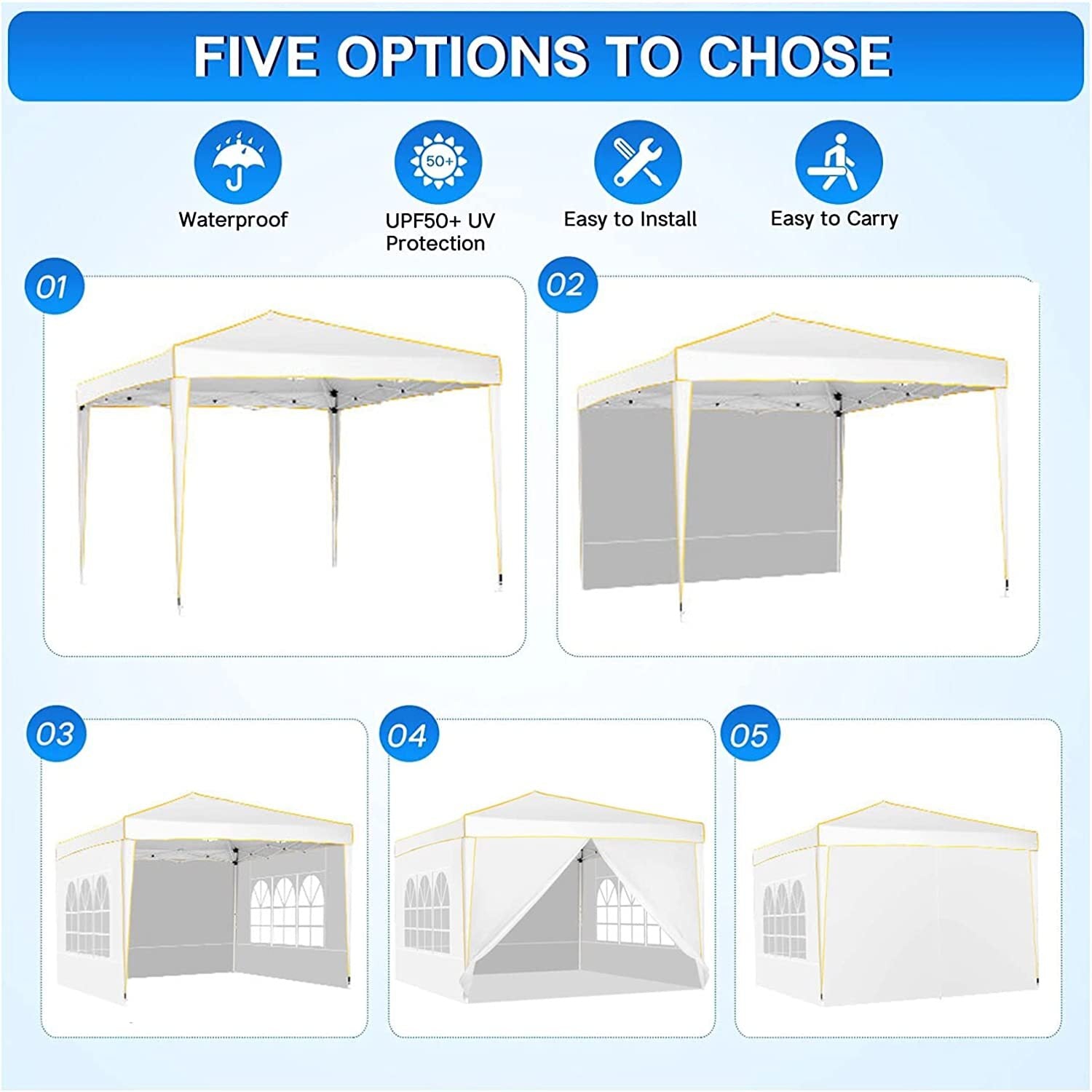 YUEBO 10 x 10ft Heavy Duty Folding Tent Easy Set-up Straight Leg Canopy Portable Gazebo Outdoor Camping Party Instant Shelter with Wheeled Carry Bag, White