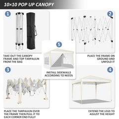 YUEBO 10'x10' Outdoor Pop Up Canopy Tent Commercial Instant Canopies Heavy Duty Shelter with Roller Bag, Bonus 4 Sand Bags, 4 Removable Sidewalls & Carrying Bag for Wedding Picnics Camping (White)