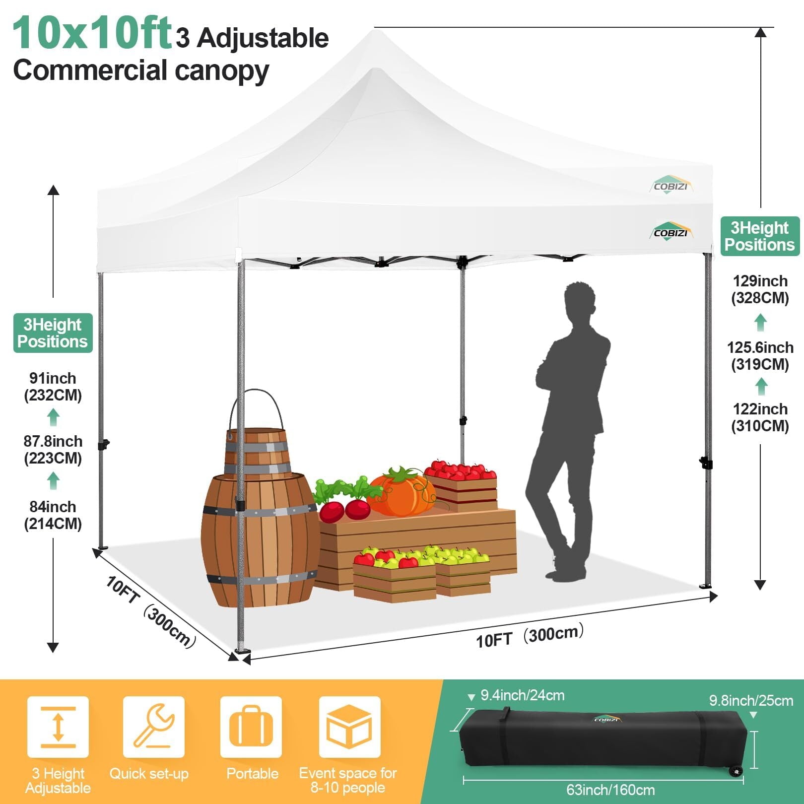 COBIZI 10x10 Pop Up Canopy Tent with 4 sidewalls Commercial Heavy Duty Canopy UPF 50+ All Weather Waterproof Outdoor Canopy Wedding Tents for Parties Gazebo with Roller Bag, White (Windproof Upgraded)