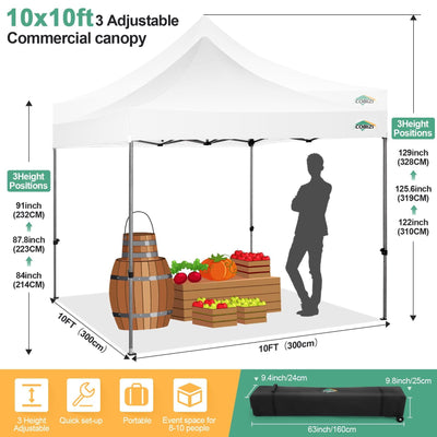 COBIZI 10x10 Pop Up Canopy Tent with 4 sidewalls Commercial Heavy Duty Canopy UPF 50+ All Weather Waterproof Outdoor Canopy Wedding Tents for Parties Gazebo with Roller Bag, White (Windproof Upgraded)