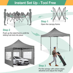 COBIZI 10x10 Pop Up Canopy Tent with 4 sidewalls Commercial Heavy Duty Canopy UPF 50+ Waterproof Outdoor Canopy Wedding Tents for Parties Gazebo with Roller Bag, Grey Gray (Windproof Upgraded)