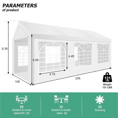 COBIZI 10' x 20' party tent, suitable for wedding parties, outdoor events, gazebos, shelter awnings, with removable side wall windows
