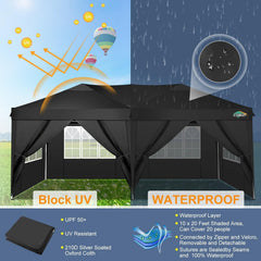 COBIZI 10x20 Pop Up Canopy Tent with 6 Removable Sidewalls, Easy Up Commercial Canopy, Adjustable Heights, Waterproof and UV50+ Gazebo with Portable Bag, Party Tents for Parties, Black