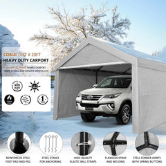YUEBO Outdoor Carport 10x20ft Heavy Duty Canopy Storage Shed, Portable Garage Party Tent, Portable Garage with Removable Sidewalls & Doors All-Season Tarp for Car, Truck, Party, White
