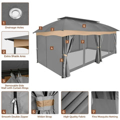 COBIZI Heavy Duty 12'x20' Metal Patio Gazebo Outdoor Gazebo Canopy Tent with 6 Mosquito Netting and Curtains Gazebos Shelter 100% Waterproof with Double Roof for Party, Backyard, Deck, Garden, Gray