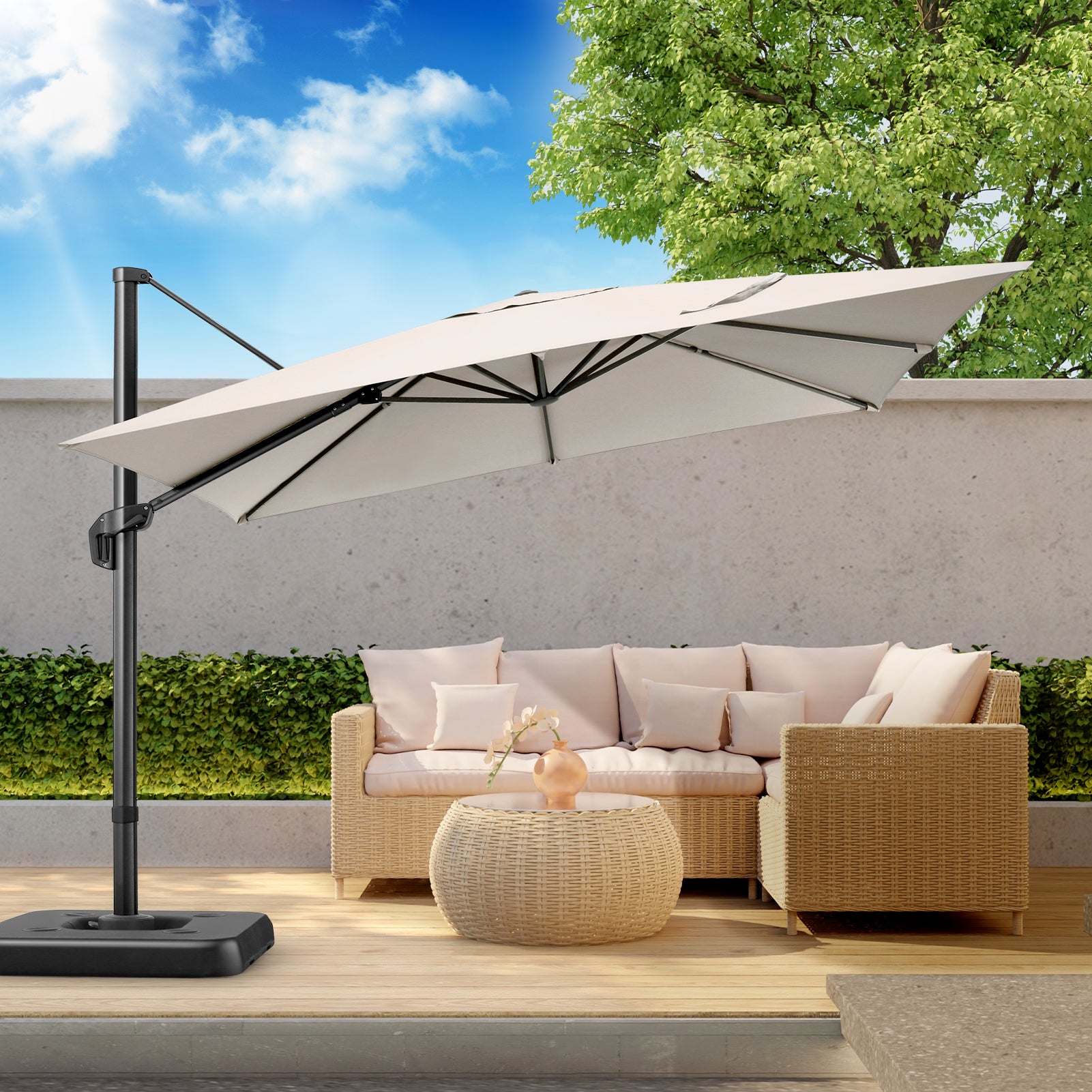10'x10' Cantilever Umbrella Square Outdoor Patio Umbrella Large Offset Hanging Umbrella Aluminum Umbrella with Base, 360¡ã Rotation, Blue