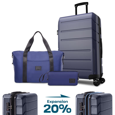 HOTEEL 3 Piece Carry on Luggage Set,Expandable ABS+PC Lightweight Hard Shell Suitcases with Spinner Wheels&TSA Lock,Portable Travel Bag and Toiletry Bag,Blue