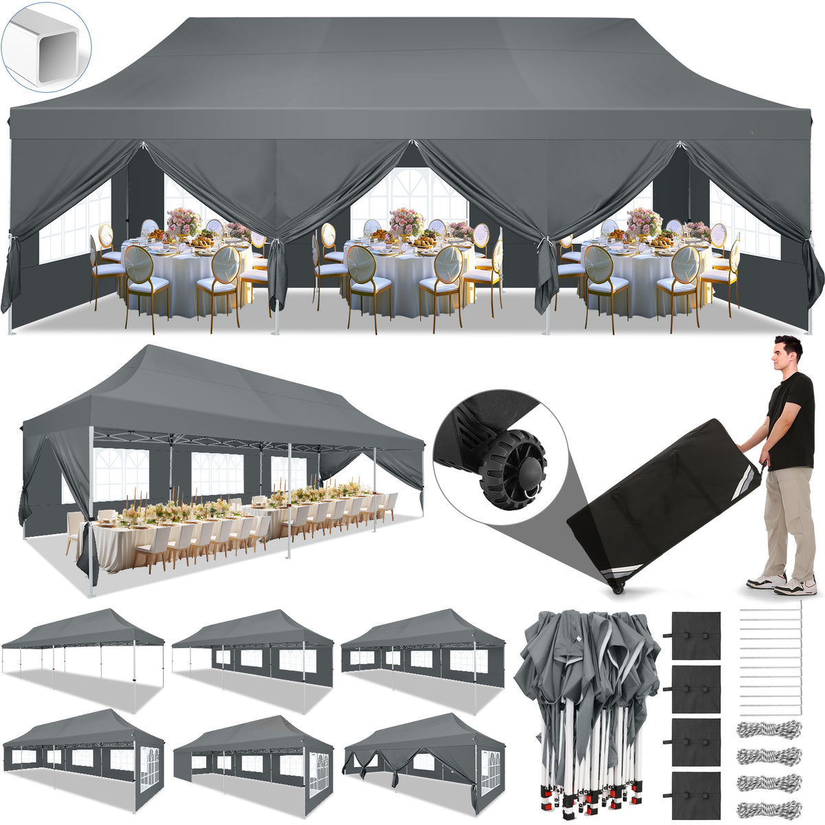 Hoteel 10'x30' Pop up Canopy, Pop up Party Tent with 6 Removable Sidewalls, Outdoor Event Gazebo, Commercial Canopy Tents for Parties Wedding, Gray