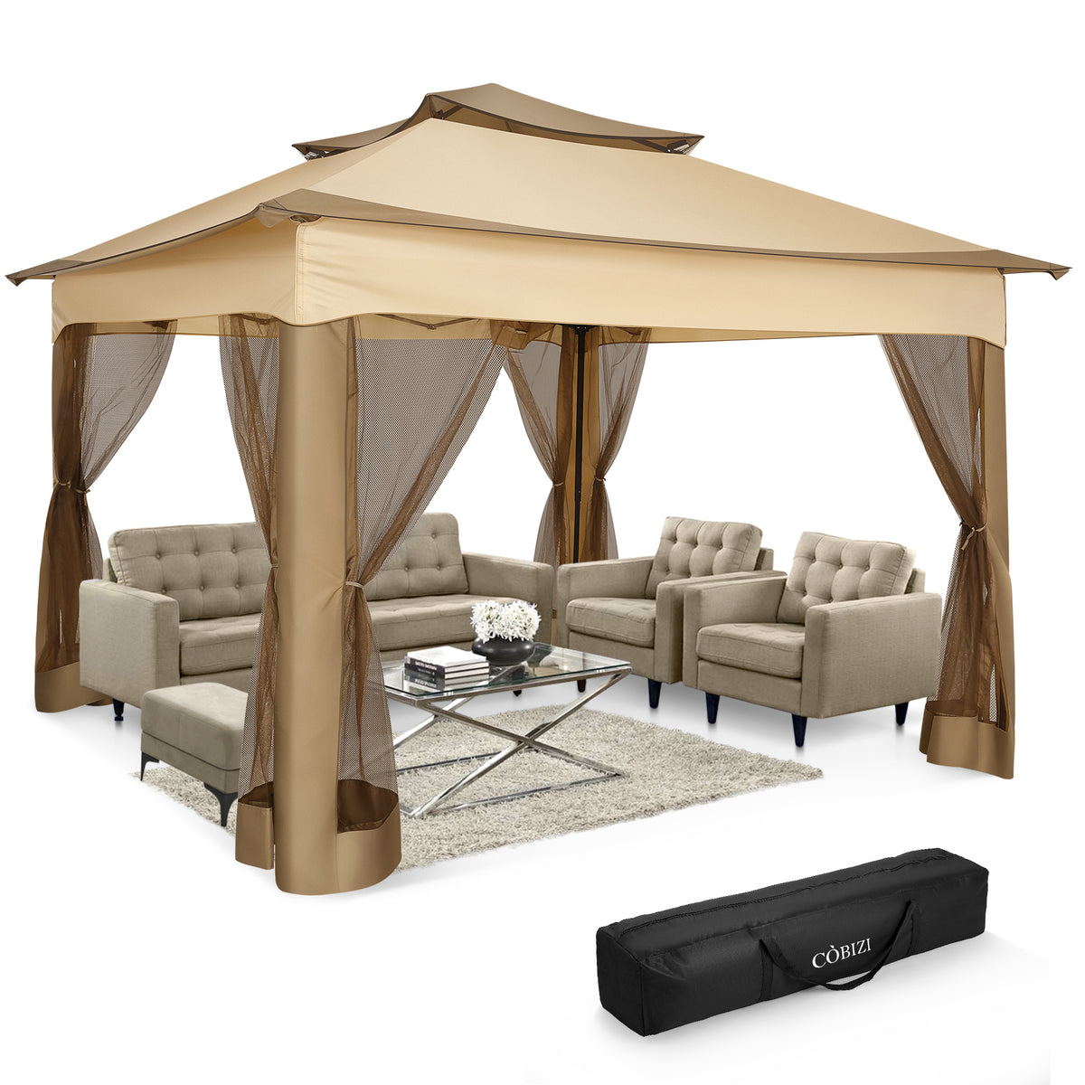 HOTEEL 11'x 11' Pop up Gazebo with 4 Mosquito Netting, Outdoor Canopy Tent with Double Roof Tops and 121 Square ft of Shade for Patio, Garden, Camping Shelter, Khaki