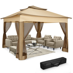 HOTEEL 11'x 11' Pop up Gazebo with 4 Mosquito Netting, Outdoor Canopy Tent with Double Roof Tops and 121 Square ft of Shade for Patio, Garden, Camping Shelter, Khaki