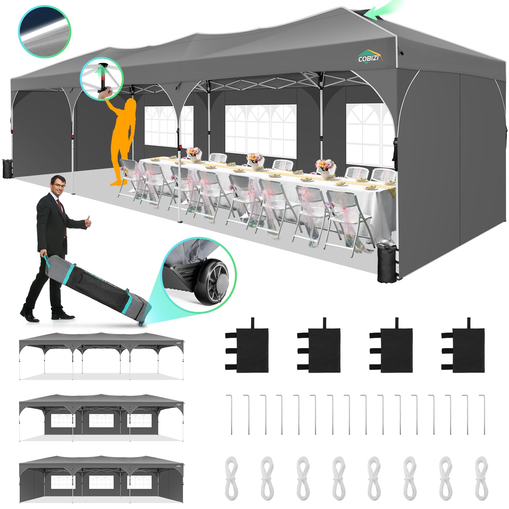 Cobizi 10'x20' Up Pop Up Canopy Tent, Party Tents with One Push Central Button Air Vent, Instant Canopy Tent with Sidewalls & Reflective Strip SPC000142