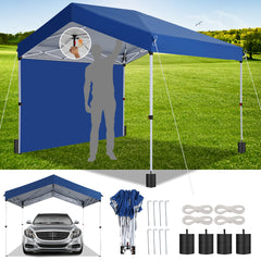 COBIZI 10'x10' Carport Canopy Tent with 1 Sidewall, 3 Adjustable Height Portable Garage, Instant Outdoor Carports with 8 Stakes, 4 Sandbags & Ropes for Motorcycle, Garden Tool, Commercial, Dark Blue