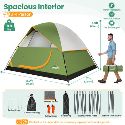 COBIZI 4 Person Camping Tent Easy Setup with Rainfly & Screen Windows SPC174