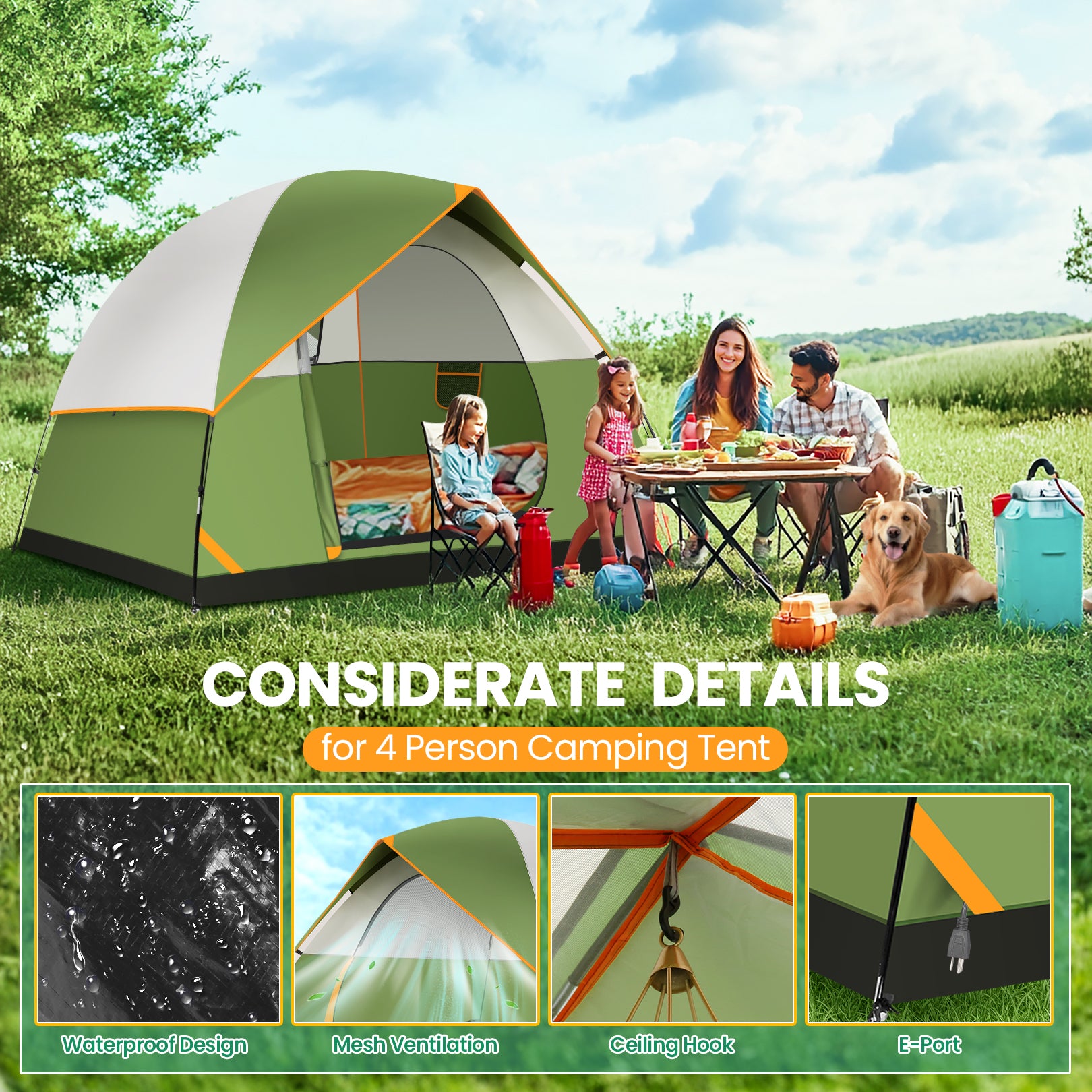 COBIZI 4 Person Camping Tent Easy Setup with Rainfly & Screen Windows SPC174