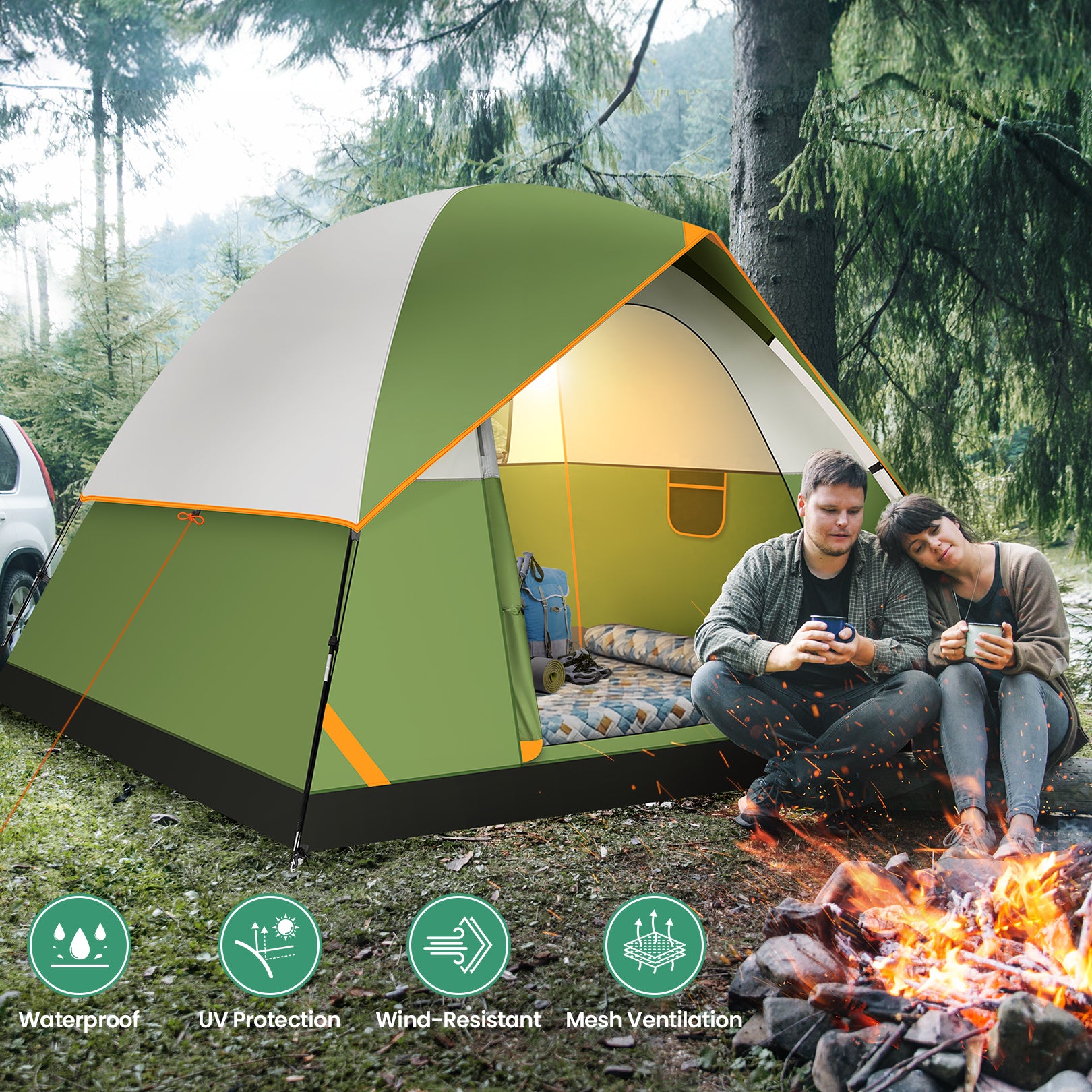 COBIZI 4 Person Camping Tent Easy Setup with Rainfly & Screen Windows SPC174