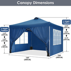 10' x 10' Adjustable Height Pop-up Canopy Tent Fully Waterproof Instant Outdoor Canopy Folding Shelter with 4 Removable Sidewalls, Air Vent on The Top, 4 Sandbags, Carrying Bag