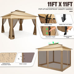 HOTEEL 11x11 Pop Up Gazebo Outdoor Canopy Shelter, Instant Patio Gazebo Sun Shade Canopy Tent 121 Square Feet of Shade for Lawn, Garden, Backyard & Deck, Khaki