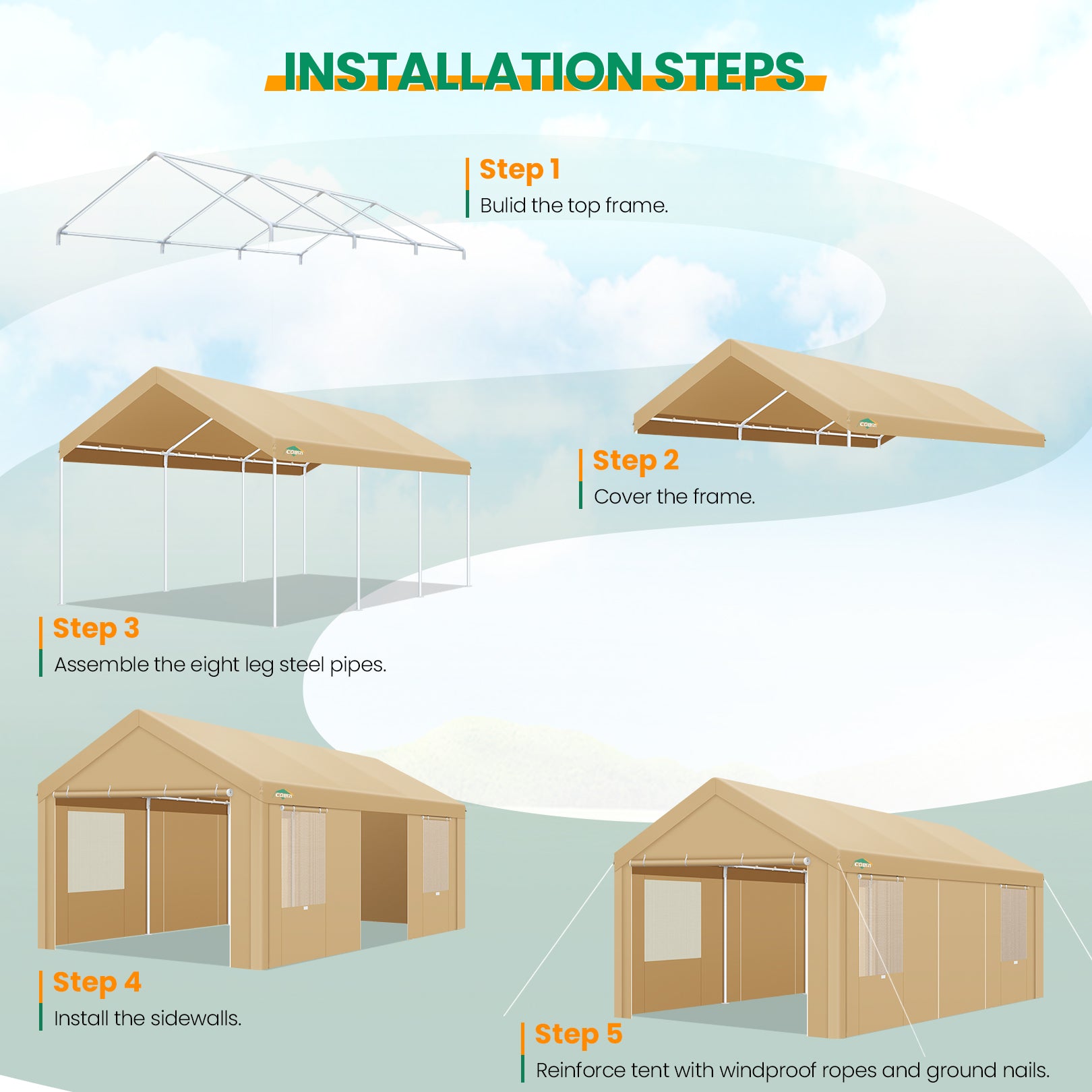 Cobizi 12'x20' Large Heavy Duty Canopy Carport with Steel Frame SPC104