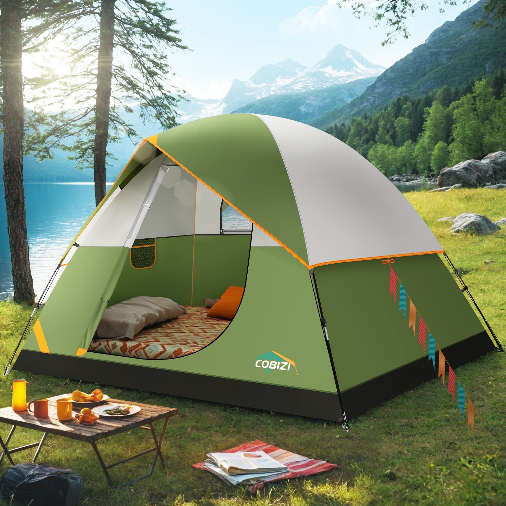 COBIZI 4 Person Camping Tent Easy Setup with Rainfly & Screen Windows SPC174