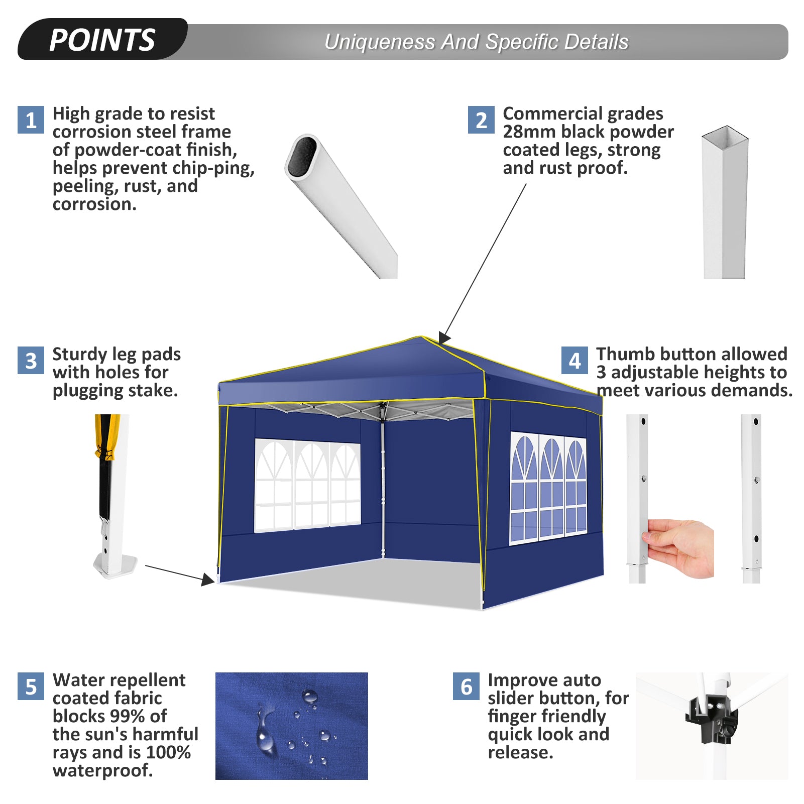 COBIZI  10'x10' Pop up Canopy Tent Commercial Instant Canopy with 4 Sidewalls & Carry Bag 4 Stakes & Ropes & Sandbags Portable Tent for Parties Beach Camping Party Event Shelter Sun Shade