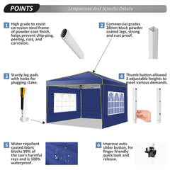 COBIZI  10'x10' Pop up Canopy Tent Commercial Instant Canopy with 4 Sidewalls & Carry Bag 4 Stakes & Ropes & Sandbags Portable Tent for Parties Beach Camping Party Event Shelter Sun Shade