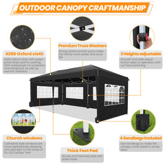 HOTEEL 10'x20' Pop Up Canopy with Sidewalls,Easy Up Canopy Tent with Carry Bag,Outdoor Canopies with 4 Sandbags,Large Tents for Outdoor Events,Wedding,Backyard,Commercial,Black