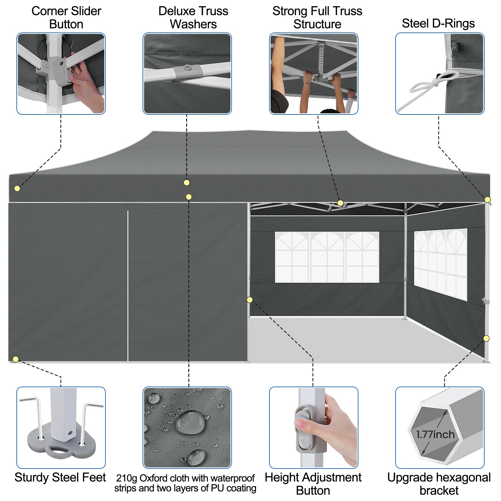 COBIZI 10x20 Pop Up Canopy Tent Heavy Duty with 6 Removable Sidewalls, Commercial Heavy Duty Pop Up Tent for Parties All Weather Waterproof and UV 50+ Wedding Tent with Roller Bag(Legs Upgraded)